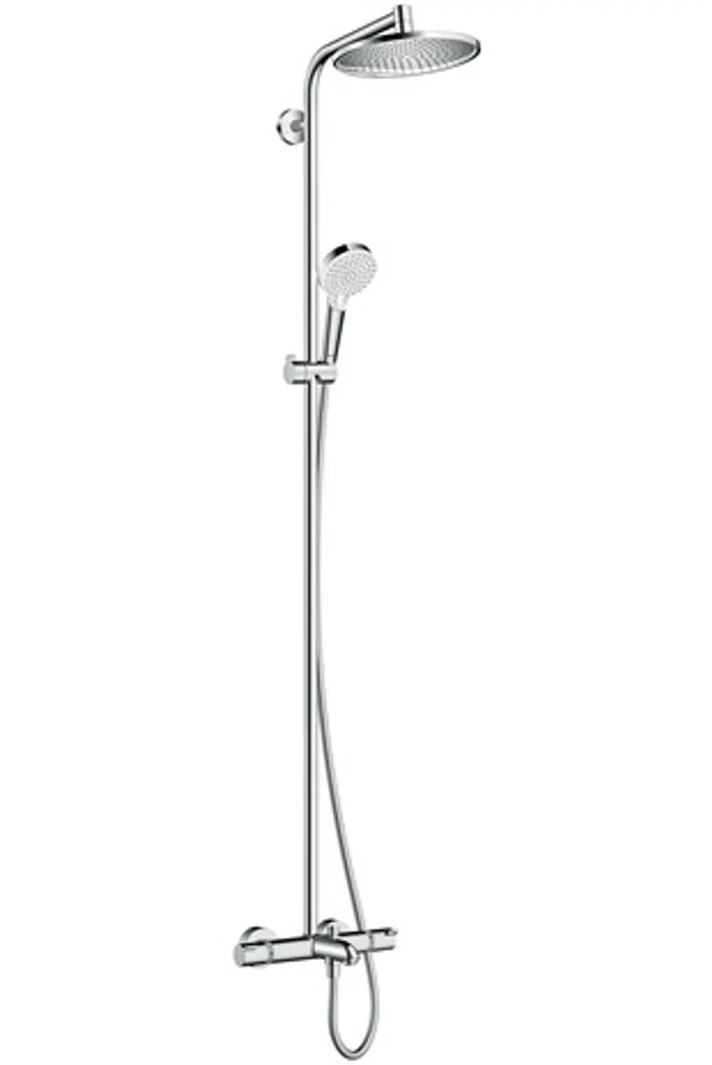 Duscheinheit mit Kopf- und Handbrause, verchromt, montiert an einer Wand, mit einem Wannenthermostat, Marke Hansgrohe.